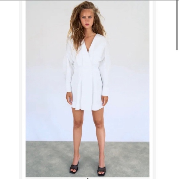 ZARA V-Neck Crossed pleated White mini cotton long sleeve Shirt Dress XS NWT - Picture 8 of 16